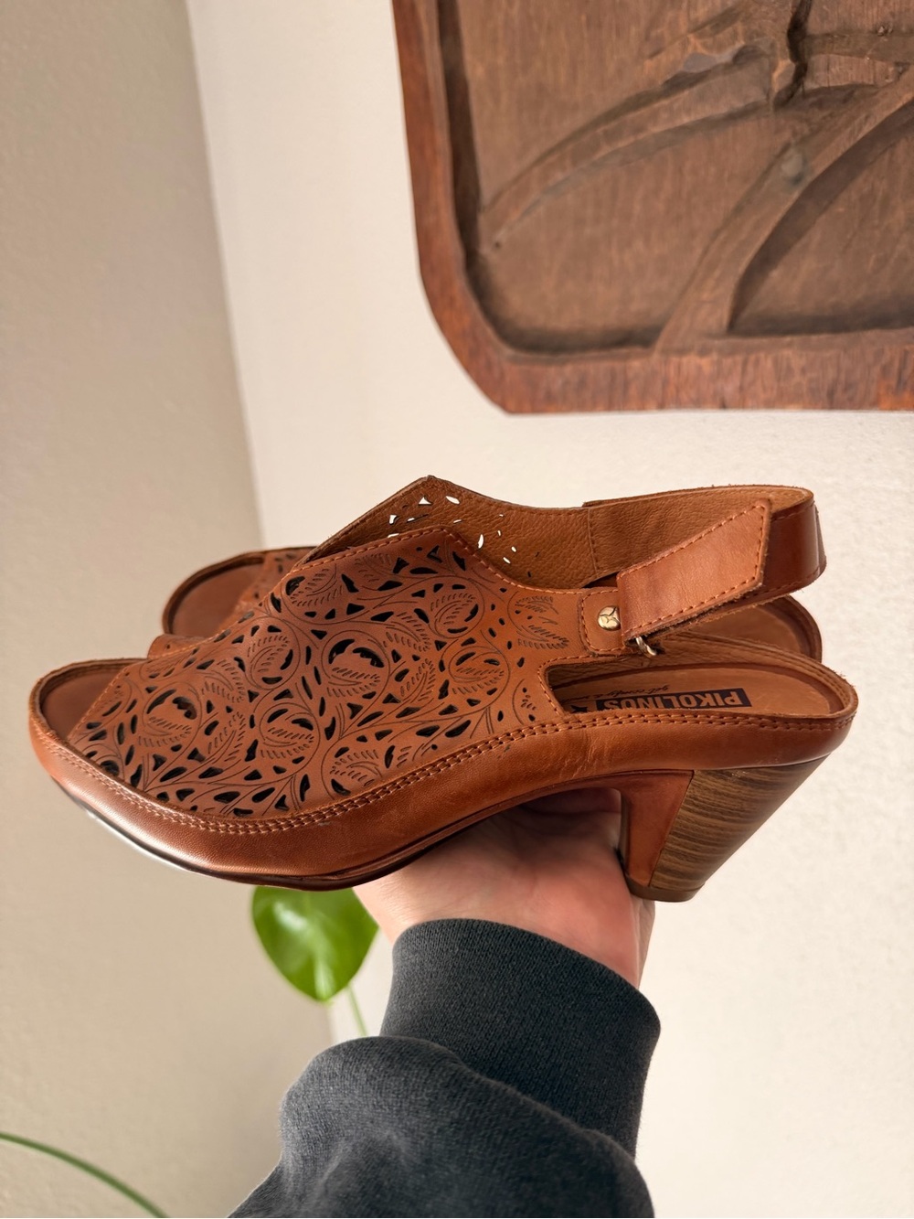 Pikolinos Brown Leather Laser Cut Slingback Heels Size 38